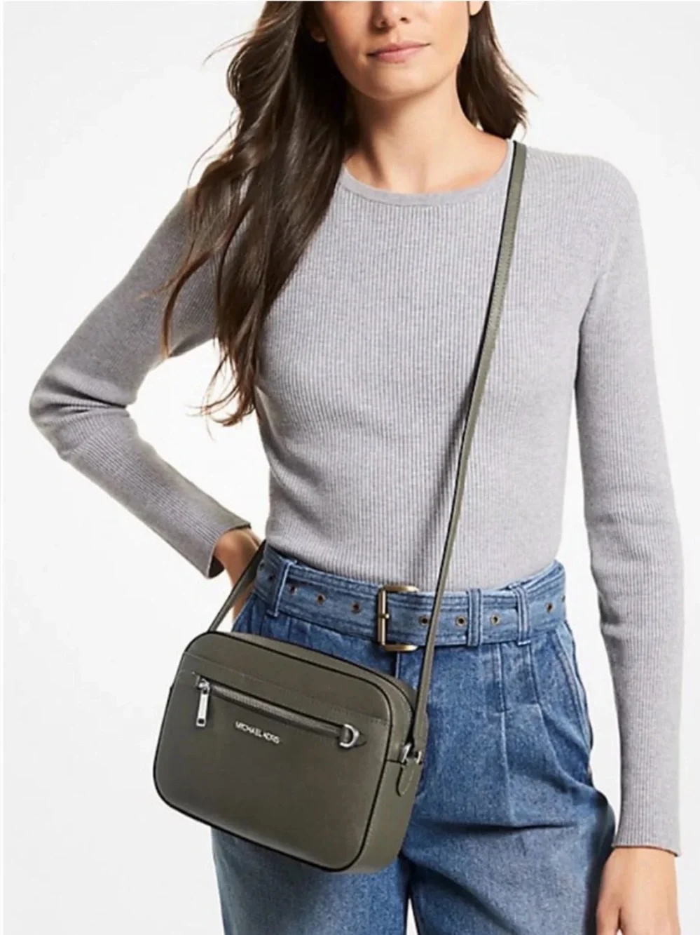 Michael Kors Jet Set Large Saffiano Leather Olive Crossbody with Silver Hardware